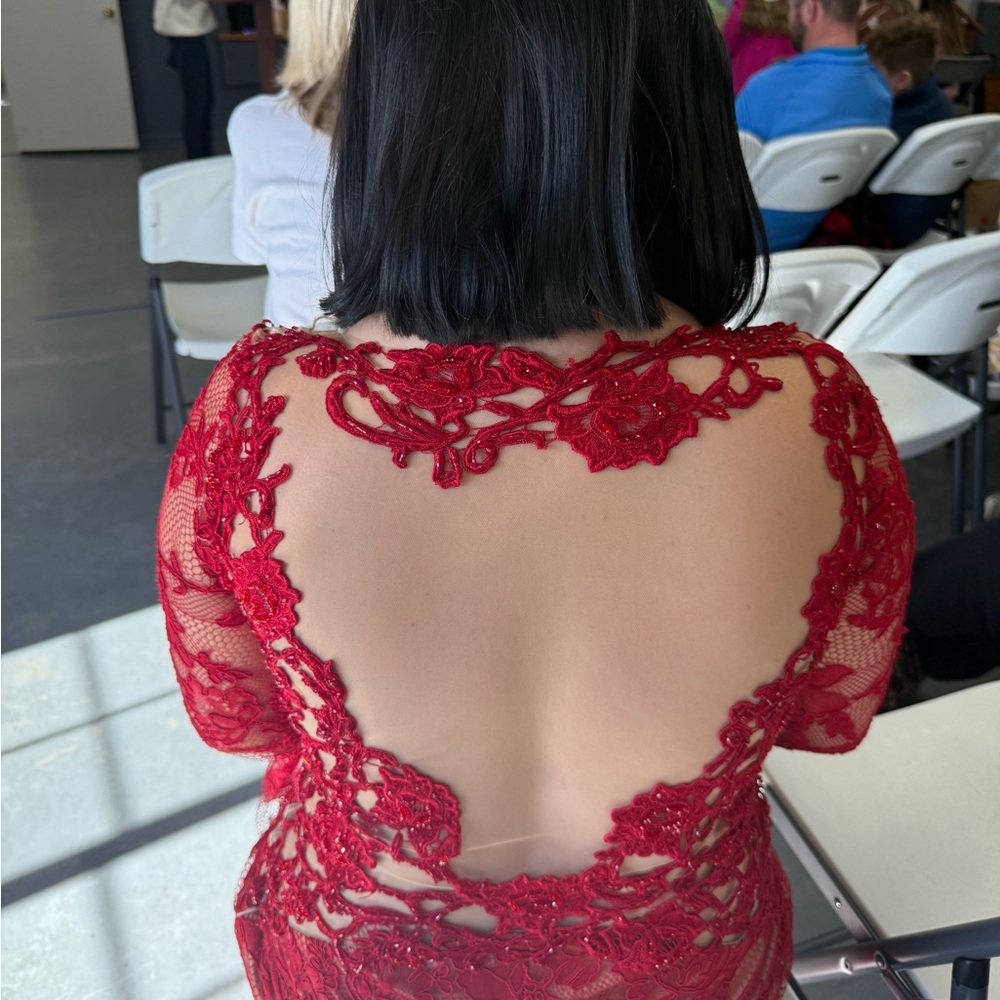 Tarik Ediz Red Lace Long-Sleeve Mermaid Gown - Picture 2 of 3